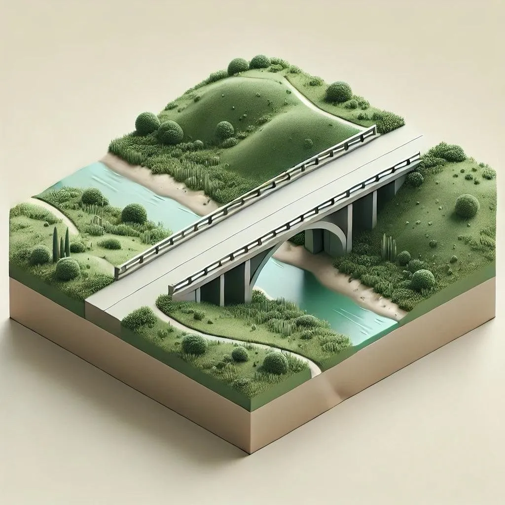 Model izometric al unui viaduct peste albia unui râu